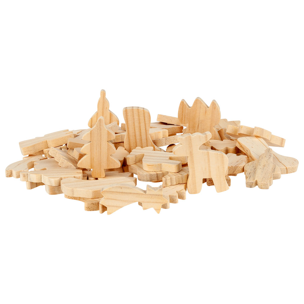 Holzfiguren zum Aufhängen und Hinstellen, blanko, 48 Stück