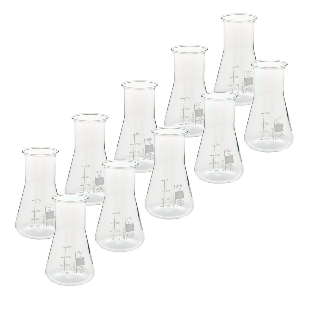 Erlenmeyerkolben, Borosilikatglas 3.3, Weithals, 10 Stück Erlenmeyerkolben, Borosilikatglas 3.3, Weithals, 10 Stück