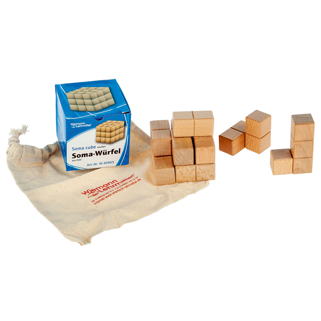 Kleiner Soma-Würfel aus Holz, naturfarben