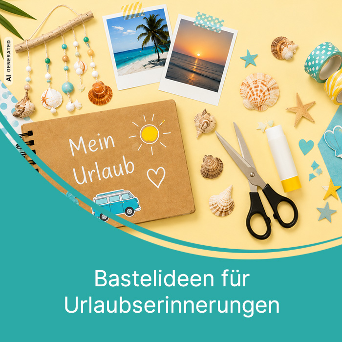 Bastelmaterial und Urlaubserinnerungen mit Fotoalbum, Muscheln und Urlaubsfotos auf gelbem Hintergrund