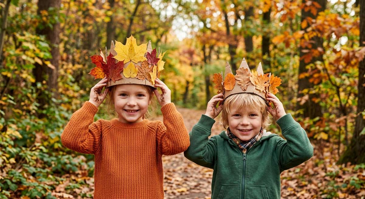 Kinder tragen eine Erntekrone aus Pappe und mit bunten Blättern beklebt