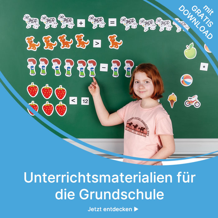 Banner Unterrrichtsmaterialien für die Grundschule Mädchen vor der Tafel mit magnetischen Tafelmaterial