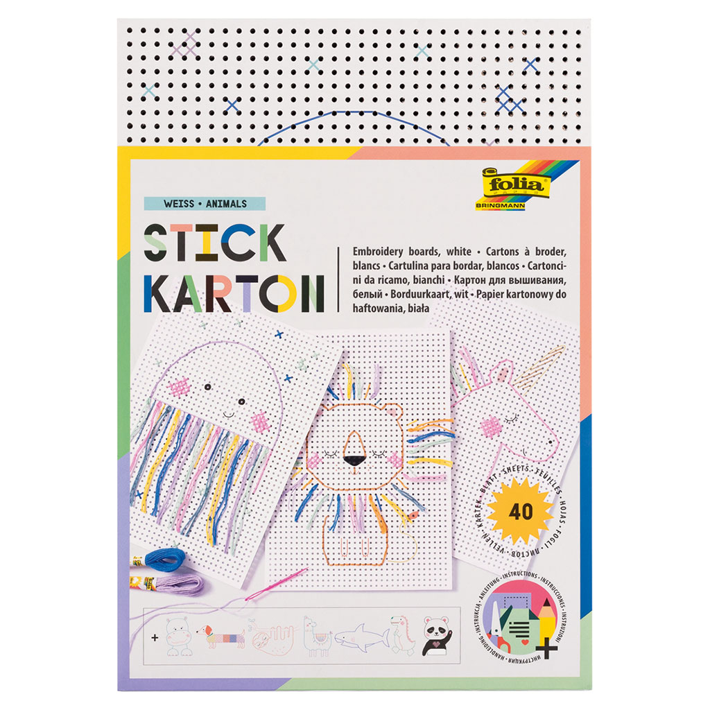 Stickkarton Tiere, 40 Blatt, Weiß, 10 Motive, 300 g/m²