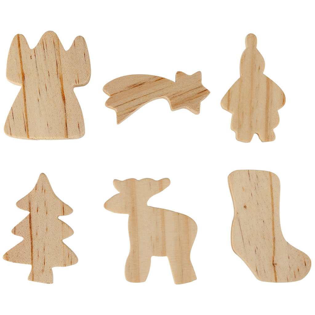 Holzfiguren zum Aufhängen und Hinstellen, blanko, 48 Stück