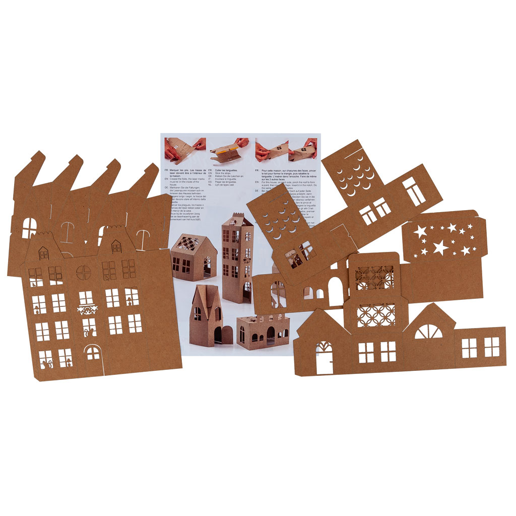 Bastelset Häuser aus Kraftpapier, blanko, 5 Stück