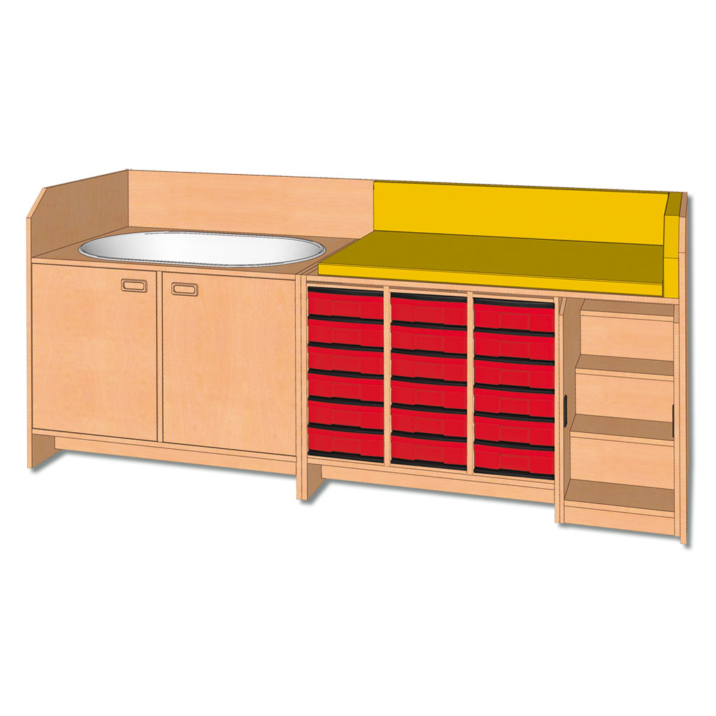Modulus Wickelanlage mit Babybadewanne, Schranktiefe 70 cm, Treppe rechts