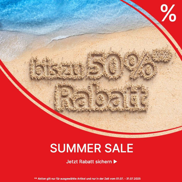 In den Sand am Strand wurde "bis zu 50 % Rabatt" geschrieben
