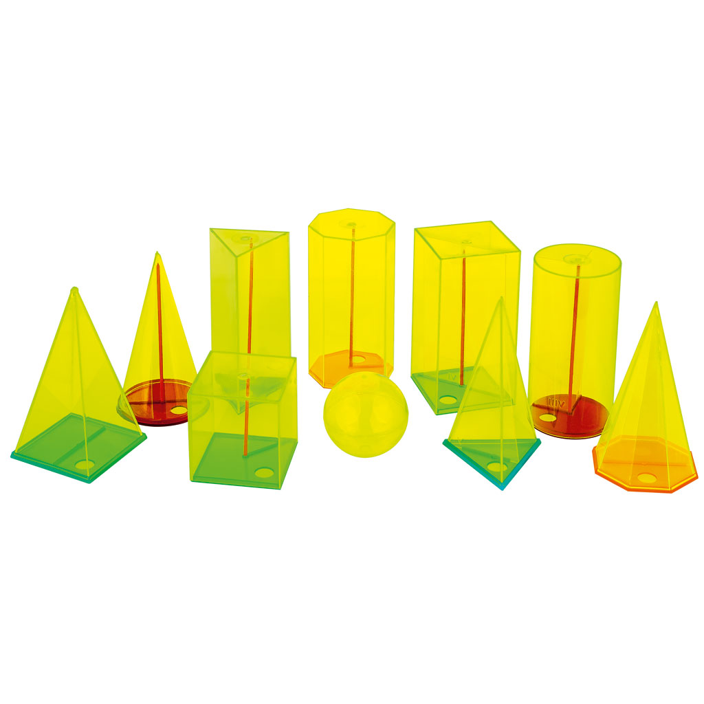 10 geometrische Körper mit Schnitten und Mittelachsen