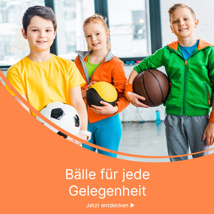 Vier Schulkinder in Sportkleidung halten unterschiedliche Bälle in den Armen