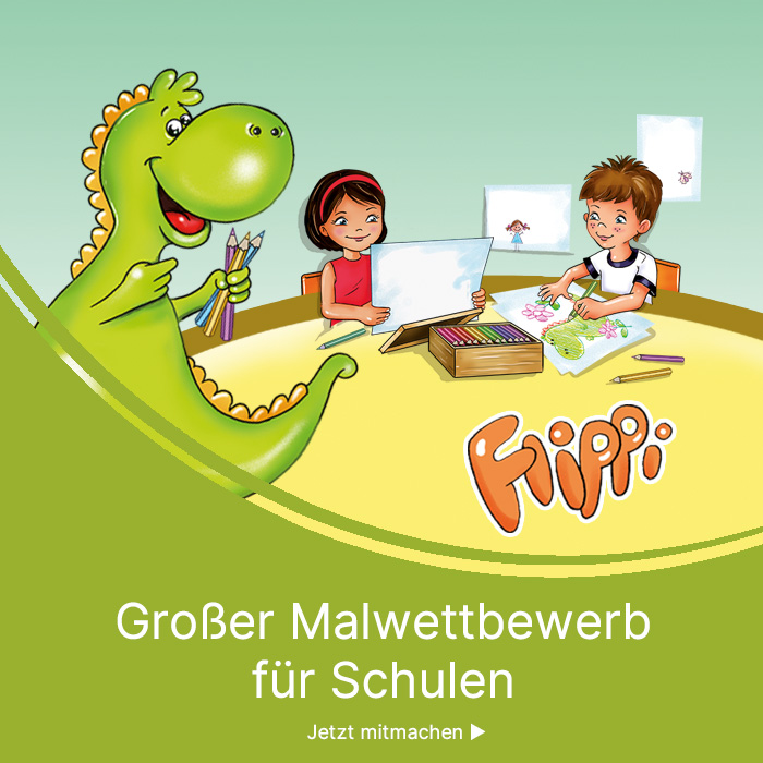 Dino Flippi mit Stiften und gezeichnete Kinder beim Malen am Tisch