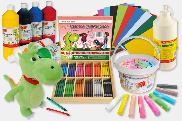 Flippi Bastelprodukte mit Papier, Stiften, Farbe und Plüschtier