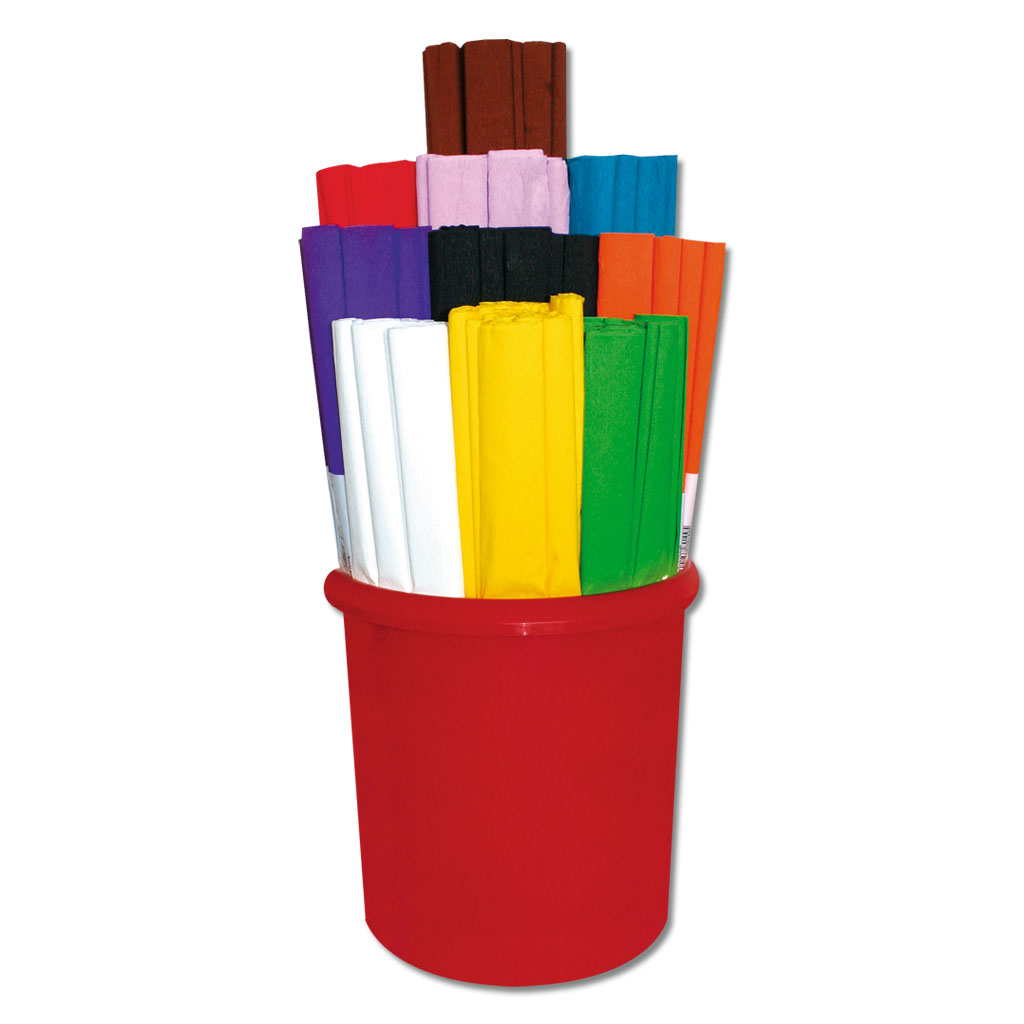 Papiertonne mit 100 Rollen Krepppapier in 10 Farben