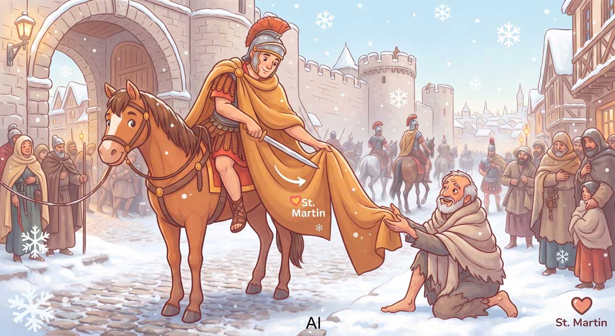 Sant Martin schneidet ein Teil seines Umhangs ab um ihn einem frierenden Bettler zu geben