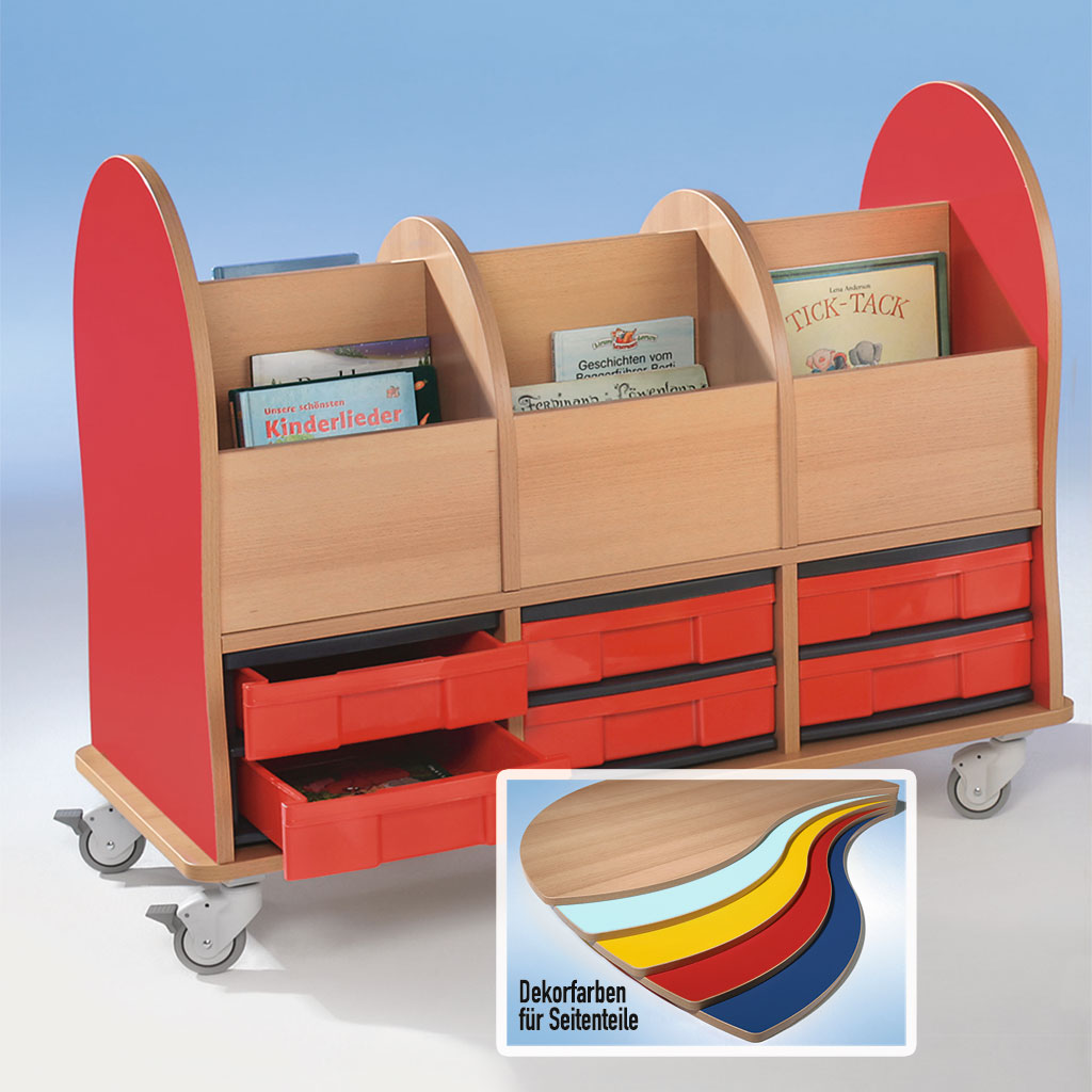 Bücherwagen mit 6 Fächern, 3-reihig