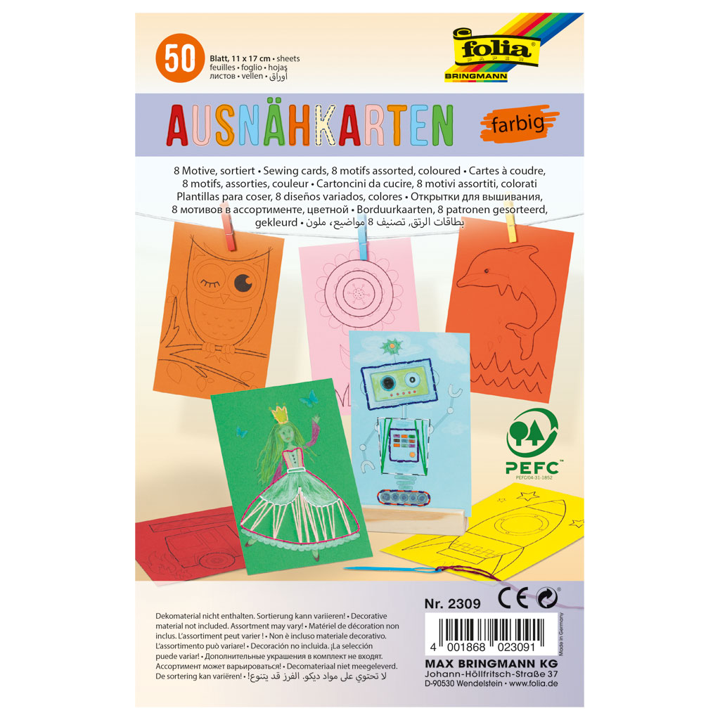 Folia® Ausnähkarten, 50 Stück mit 8 Motiven, Bunt, 300 g/m²