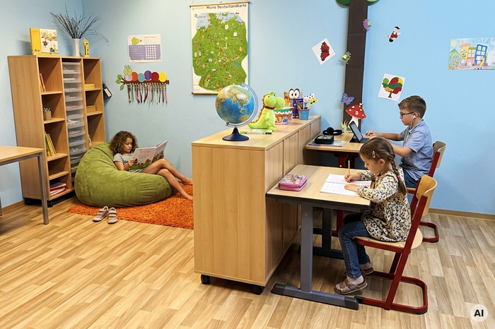 Flexible Arbeitsplätze im Churermodell, Kinder lernen am Tisch und lesen auf Sitzsack