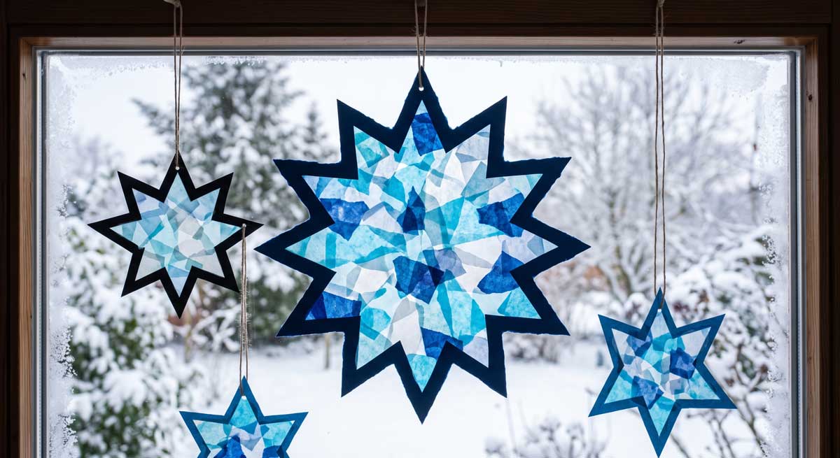 Eissterne gebastelt die am Fenster kleben