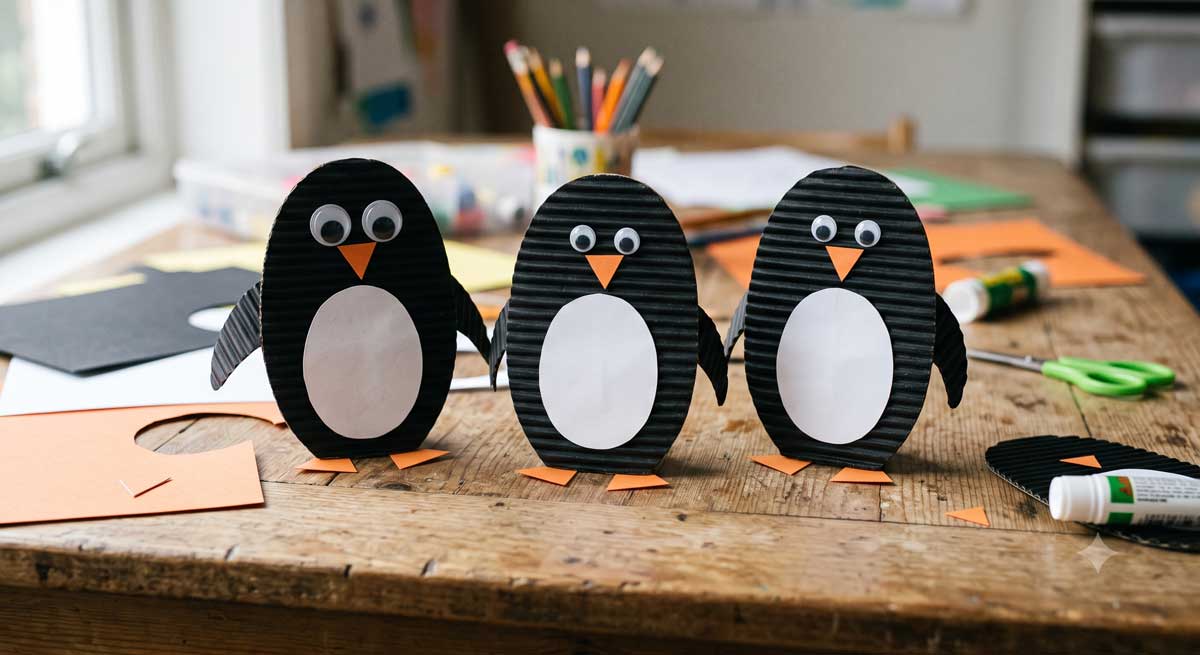 Pinguine aus Wellpappe gebastelt