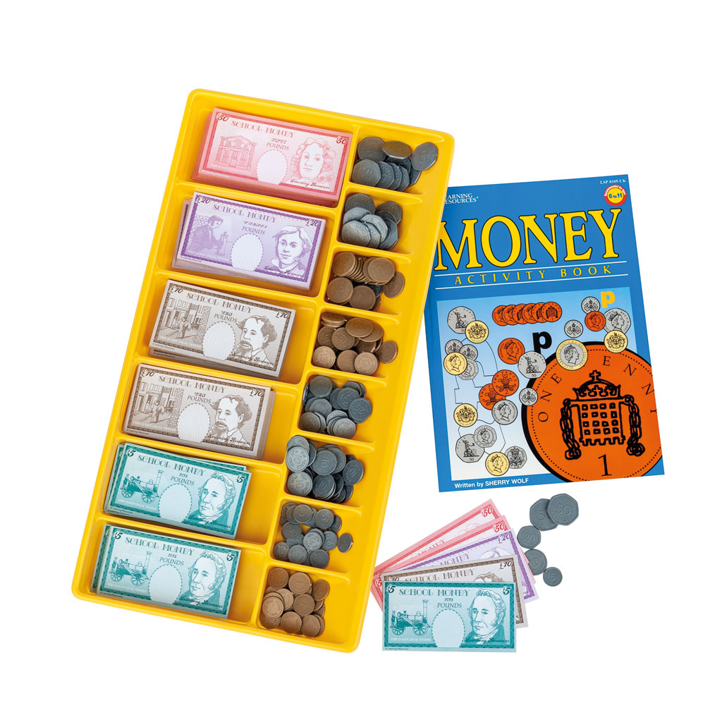 Sortierbox mit Geld, Banknoten und Münzen