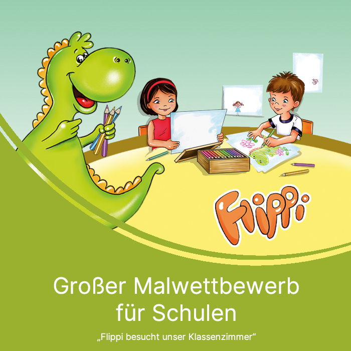 Dino Flippi mit Stiften und gezeichnete Kinder beim Malen am Tisch