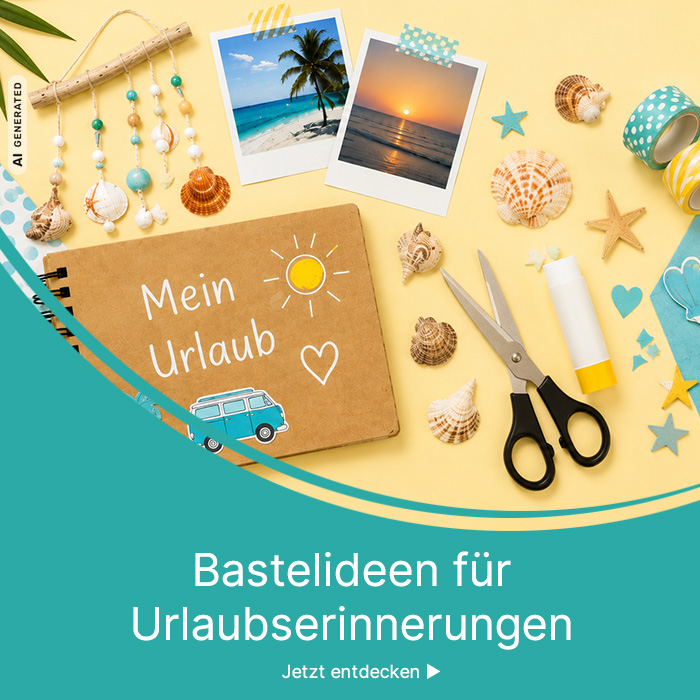 Bastelmaterial und Urlaubserinnerungen mit Fotoalbum, Muscheln und Urlaubsfotos auf gelbem Hintergrund