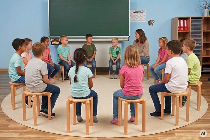 Sitzkreis im Churermodell, Kinder und Lehrkraft sitzen vor einer Tafel im Sitzkreis
