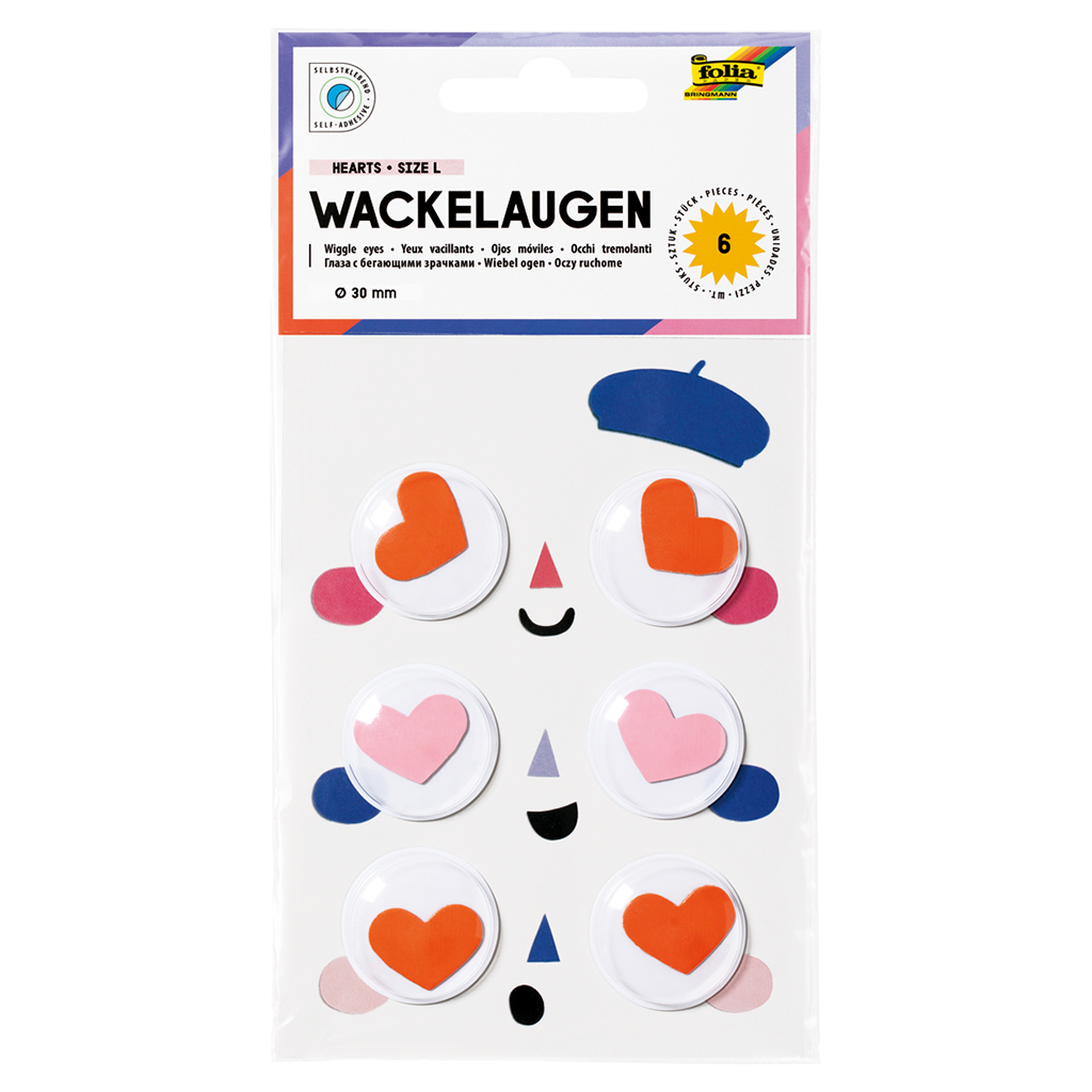 Folia® Wackelaugen Herzen, selbstklebend, 6 Stück
