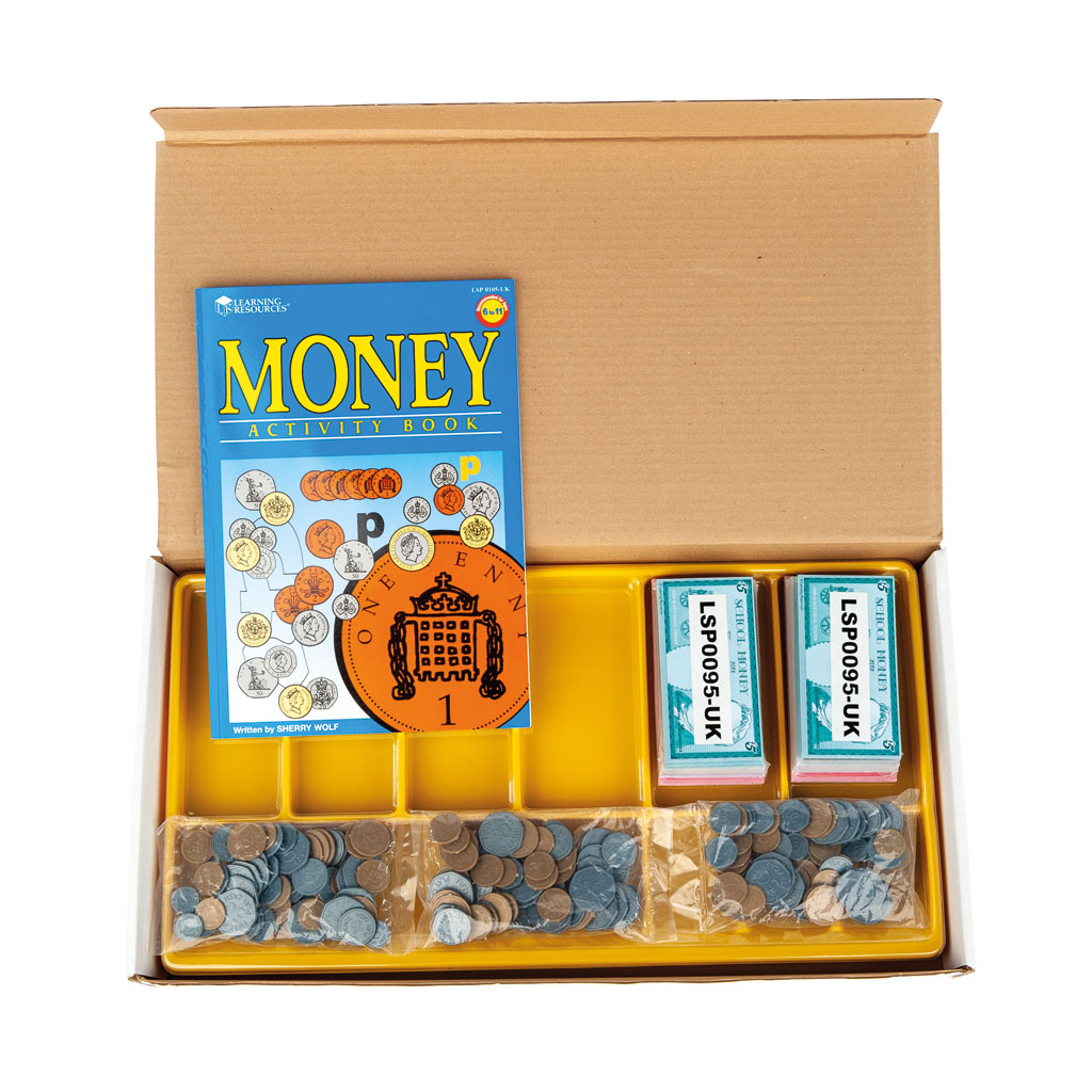 Sortierbox mit Geld, Banknoten und Münzen