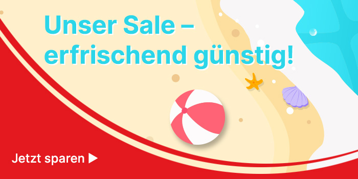 Banner mit Strand und Strandball mit Aufschrift „Unser Sale – erfrischend günstig! Jetzt sparen“