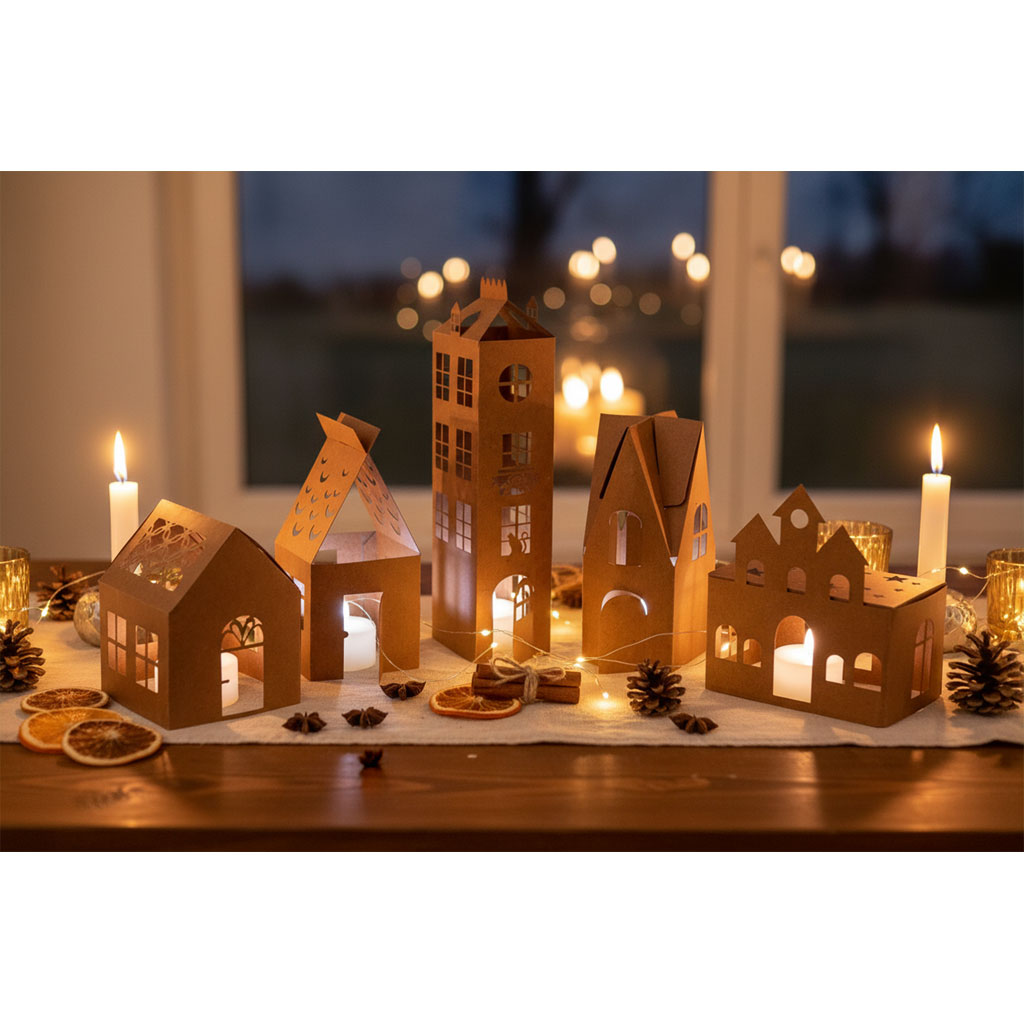 Bastelset Häuser aus Kraftpapier, blanko, 5 Stück