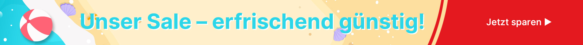 Banner mit Strand und Strandball mit Aufschrift „Unser Sale – erfrischend günstig! Jetzt sparen“
