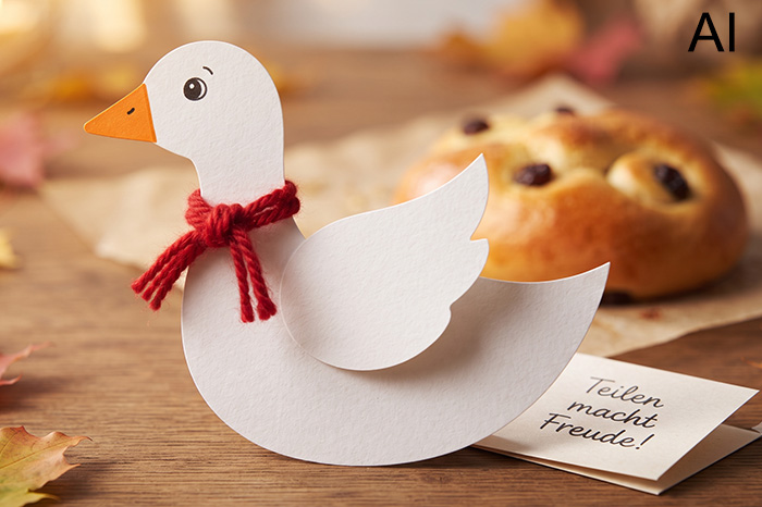 Gans gebastelt aus Papier mit Schal aus Wollfaeden