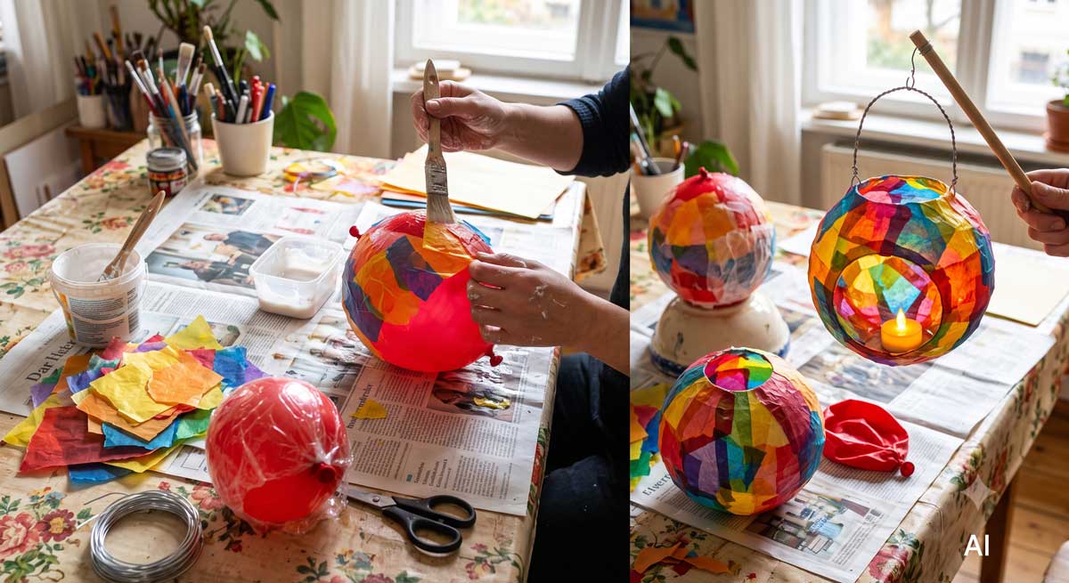 aus einem Luftballon und Transparentpapier wird eine Laterne gebastelt