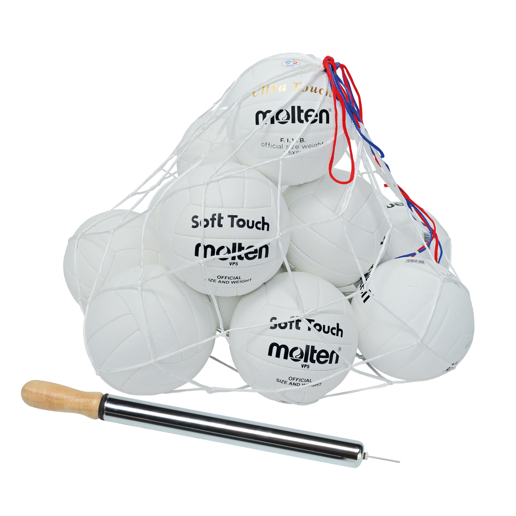 Molten® Volleyball-Schulset mit 10 Bällen und Luftpumpe im Ballnetz-Bild Auf diesem Bild ist das Produkt mit der Art.Nr.: W-61841 zu sehen