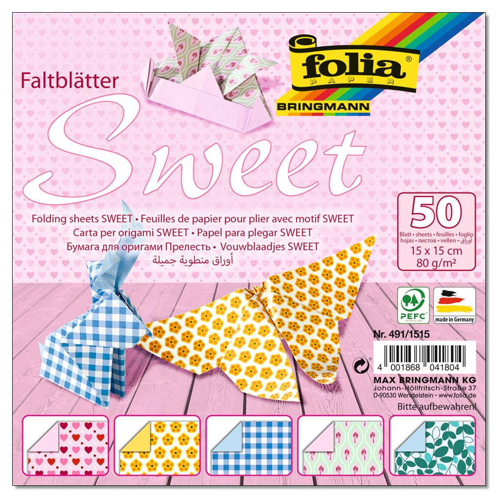 Folia® Faltblätter Sweet 80 g/m², 50 Blatt in 5 Farben