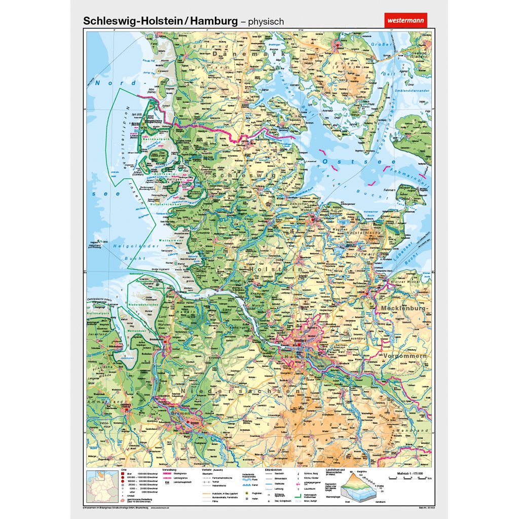 Westermann Wandkarte Schleswig-Holstein / Hamburg – VS physisch / RS politisch Westermann Wandkarte Schleswig-Holstein / Hamburg – VS physisch / RS politisch