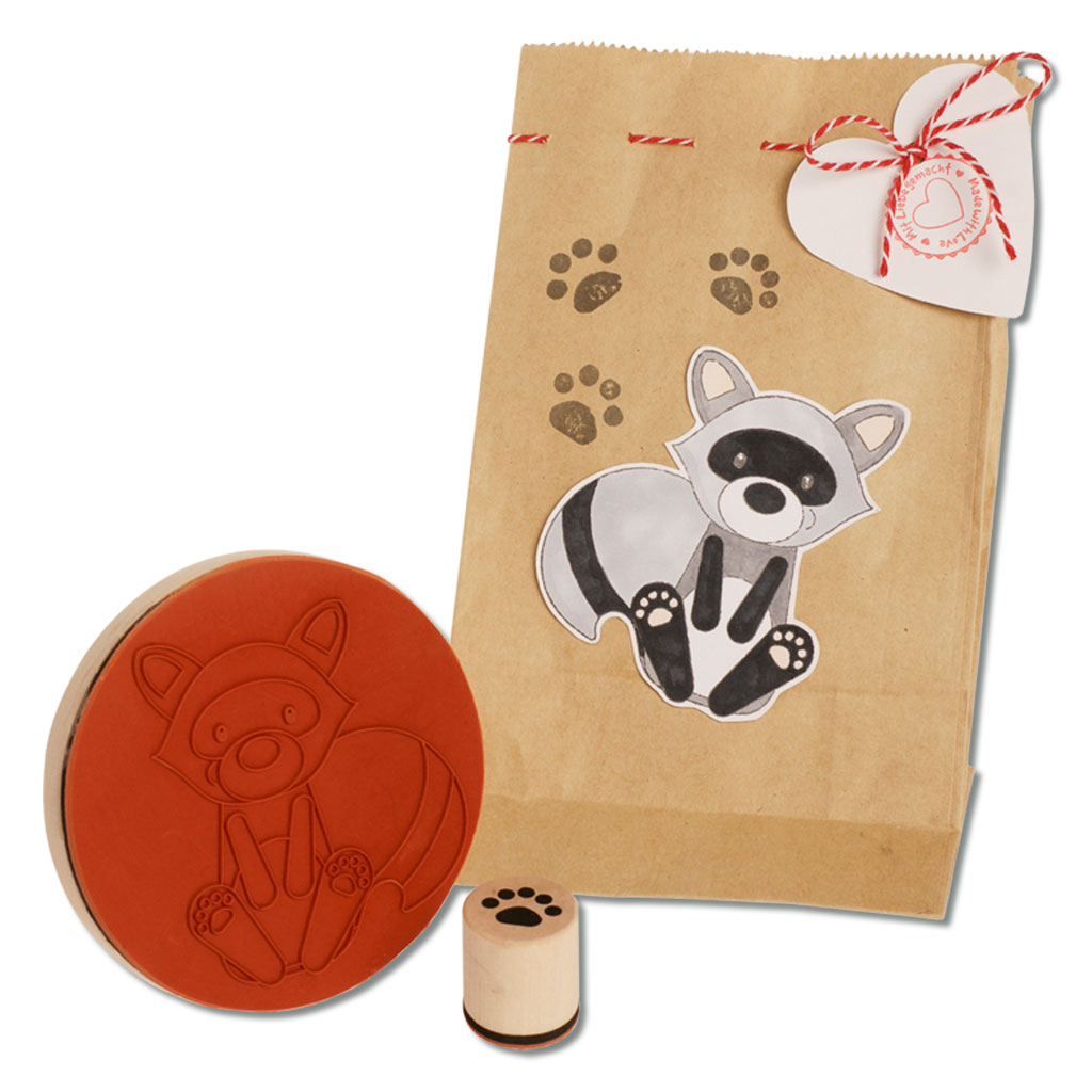 Holzstempel Fuchs und Waschbär mit Fährte, 4 Stück