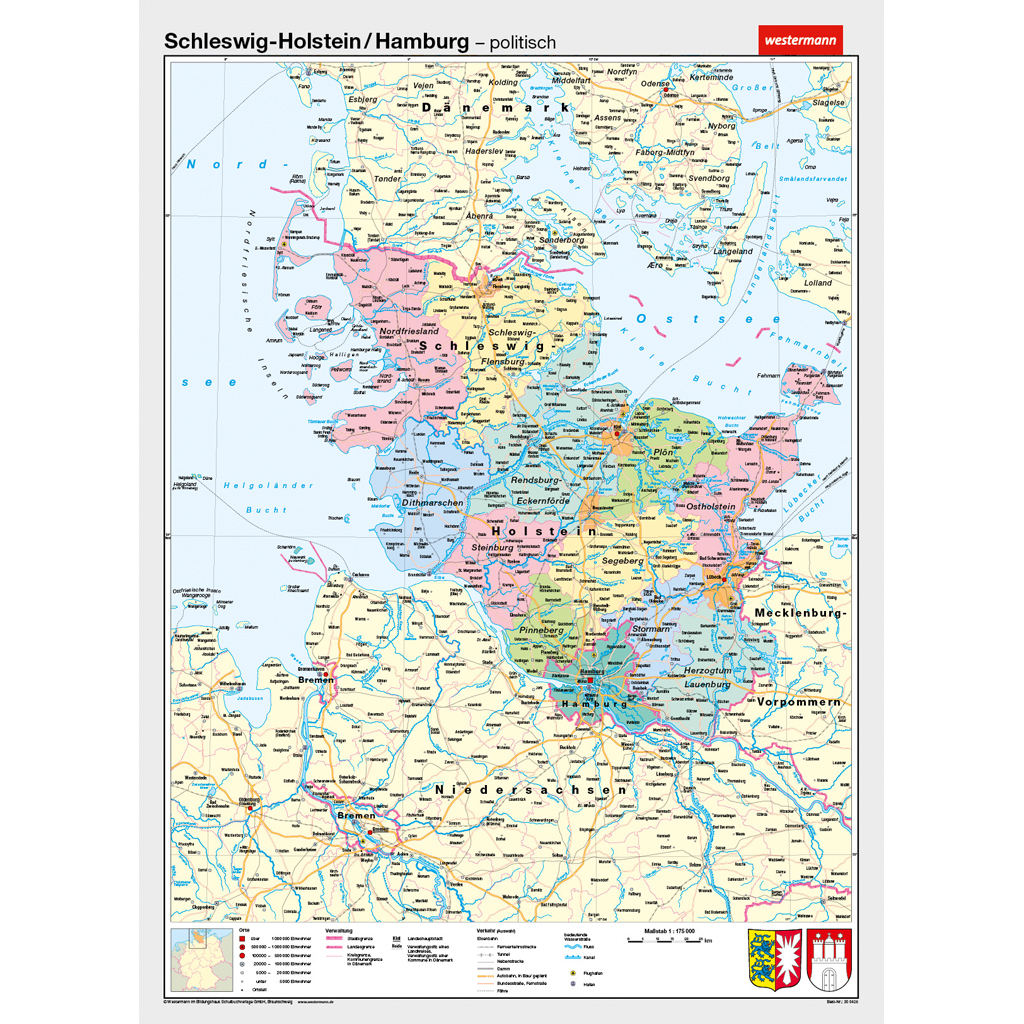 Westermann Wandkarte Schleswig-Holstein / Hamburg – VS physisch / RS politisch Westermann Wandkarte Schleswig-Holstein / Hamburg – VS physisch / RS politisch
