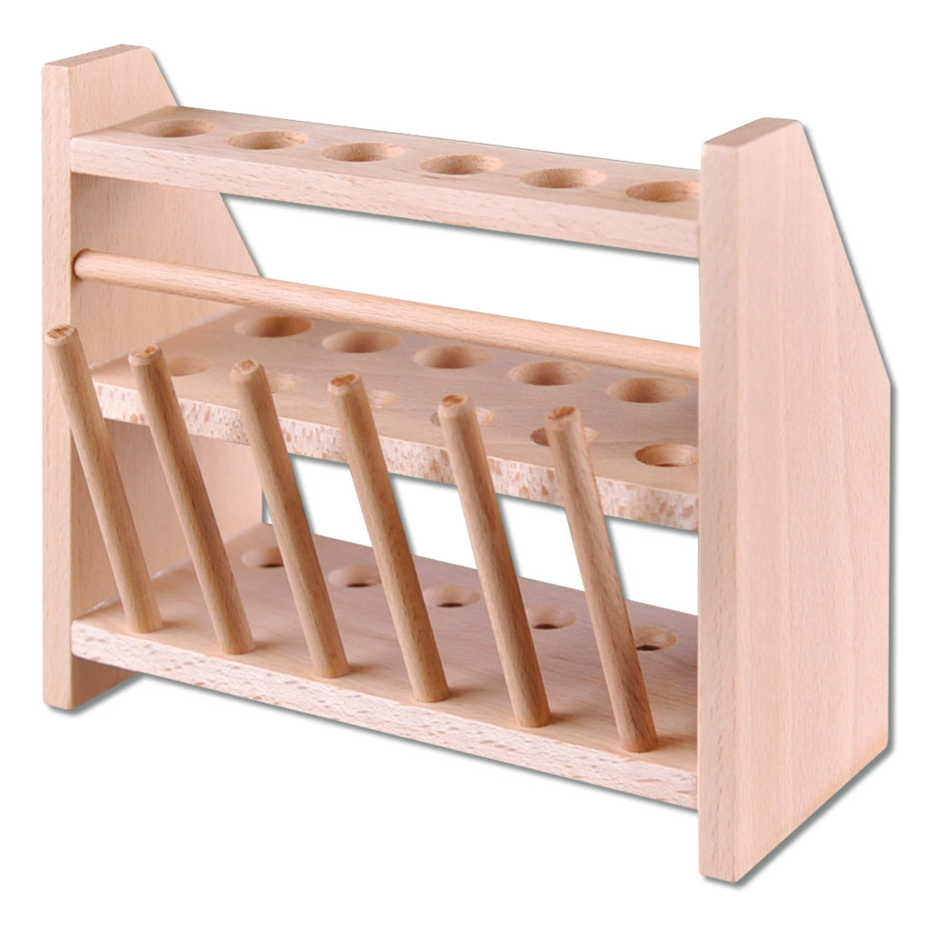 Reagenzglasgestell aus Holz, mit Abtropfstäben