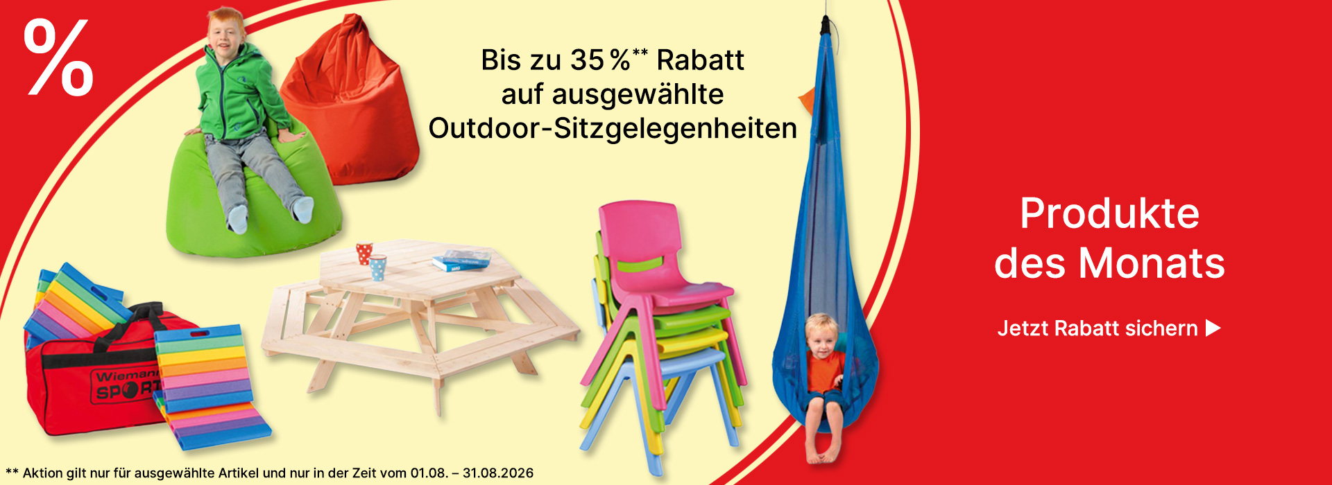 Banner für Produkte des Monats August 2026 Outdoor-Sitzgelegenheiten