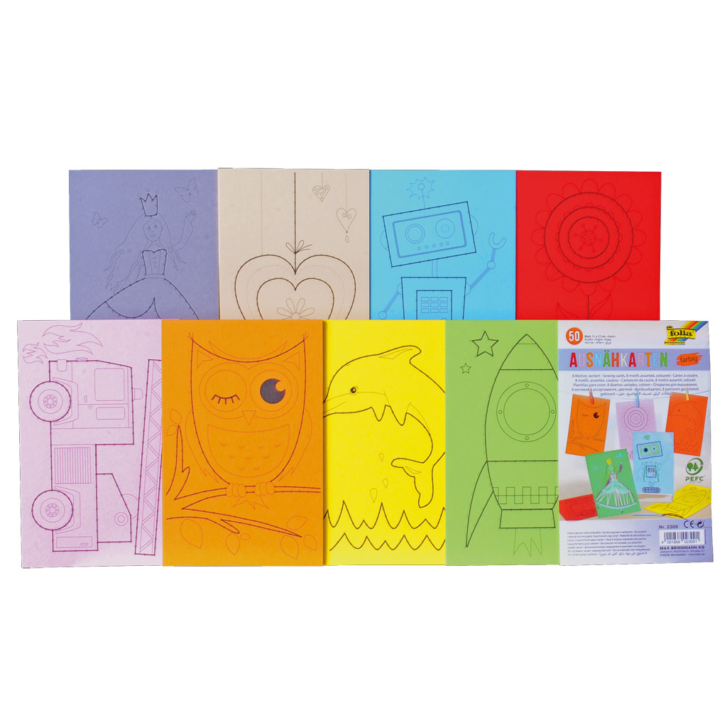 Folia® Ausnähkarten, 50 Stück mit 8 Motiven, Bunt, 300 g/m²