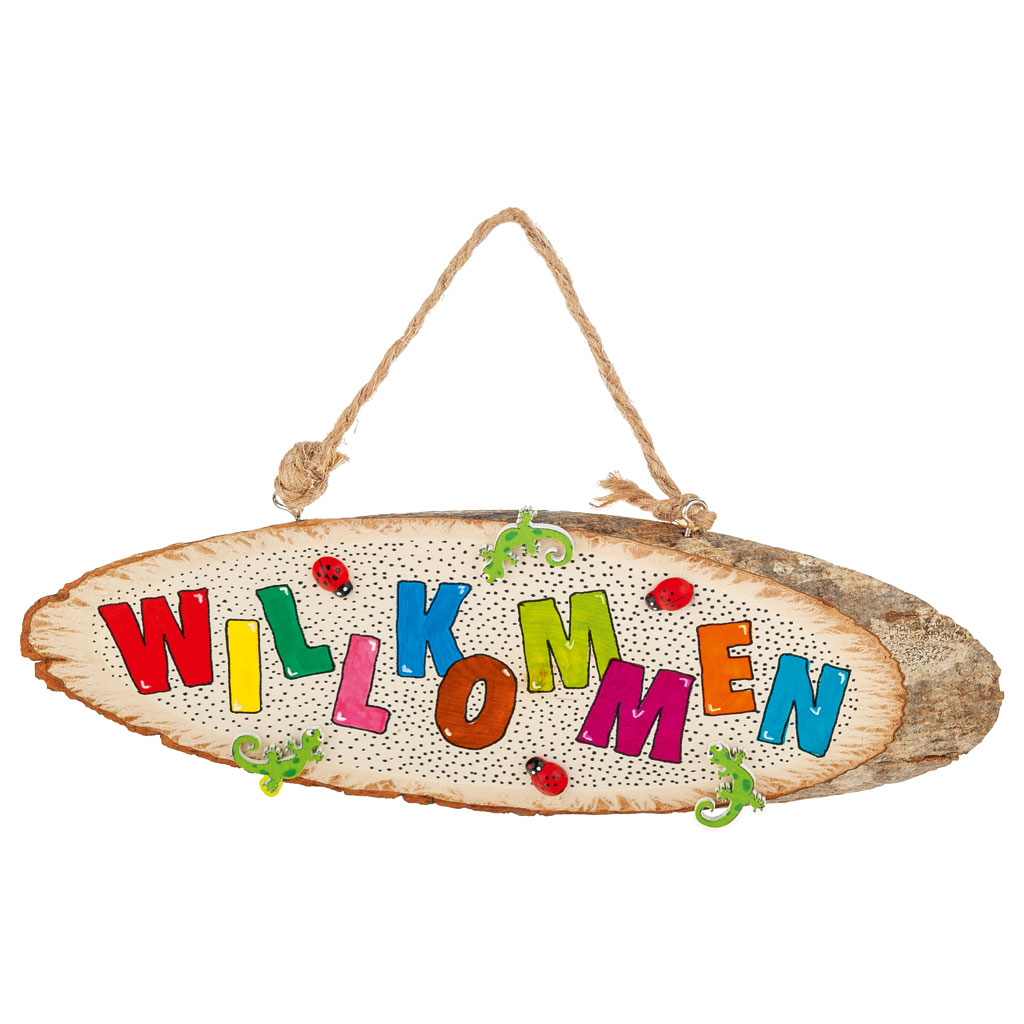 Schild aus Holz, mit Rinde und Kordel zum Aufhängen