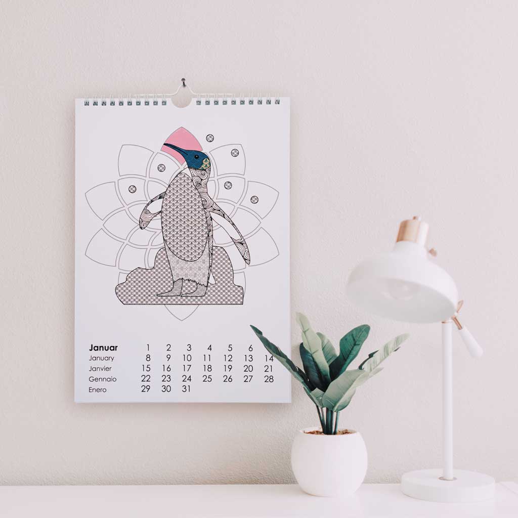 Kalender mit Tier-Motiven zum Ausmalen, A4