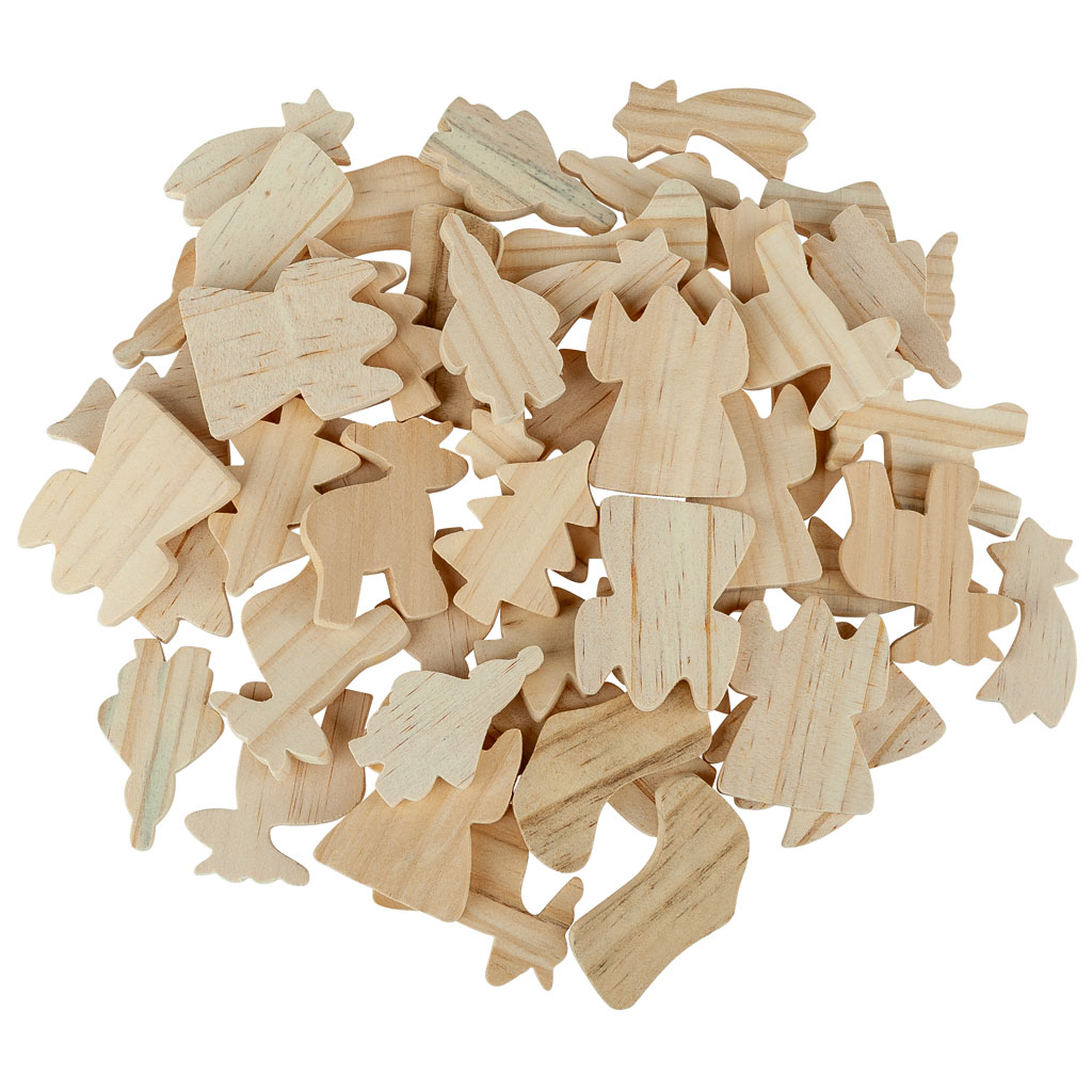 Holzfiguren zum Aufhängen und Hinstellen, blanko, 48 Stück