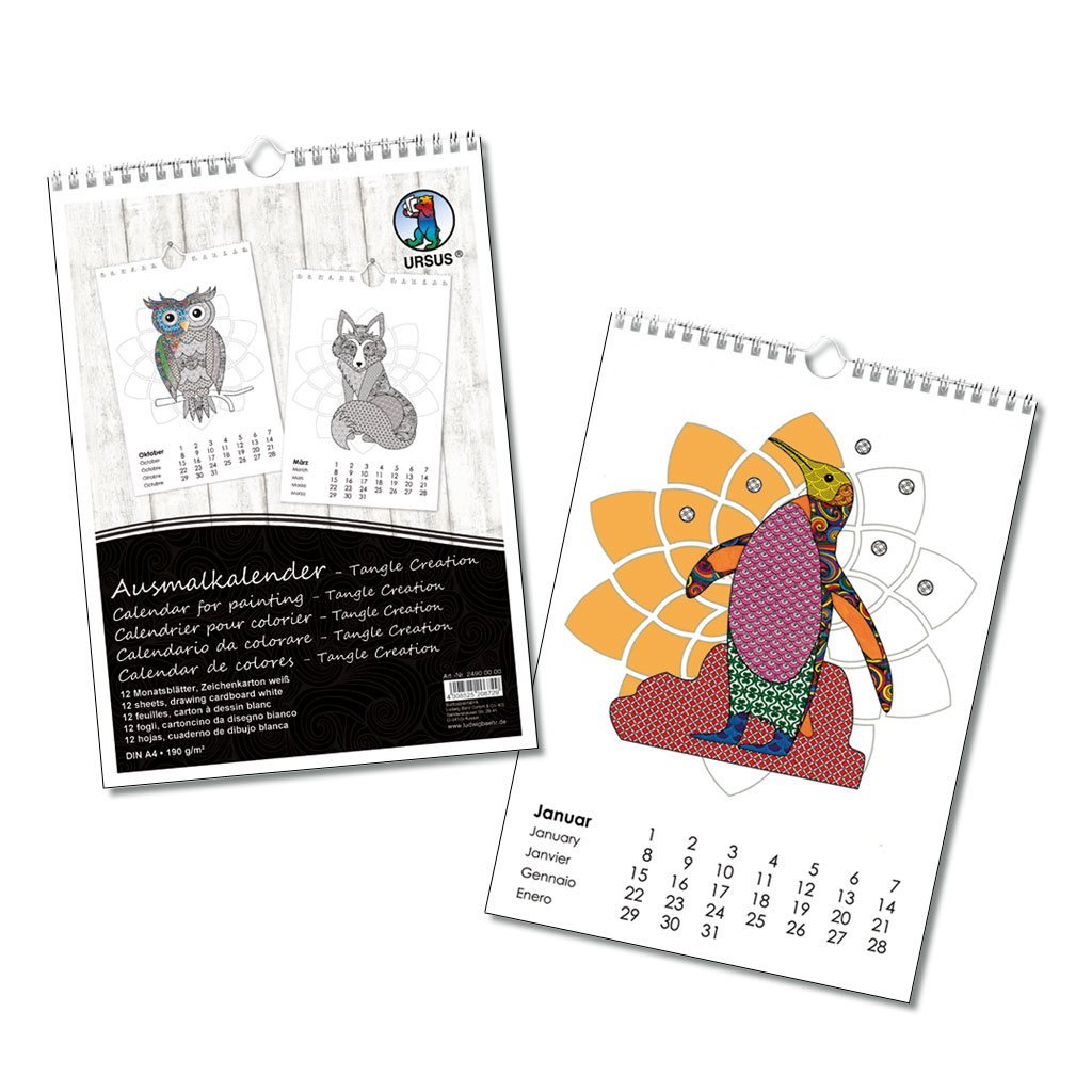 Kalender mit Tier-Motiven zum Ausmalen, A4