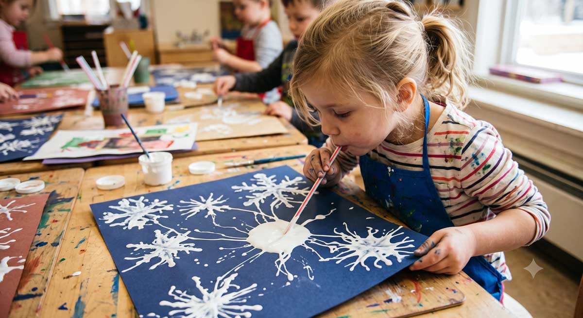 Kind pustet mit Strohhalm und Farbe eine Schneeflocke auf ein blaues Blatt Papier