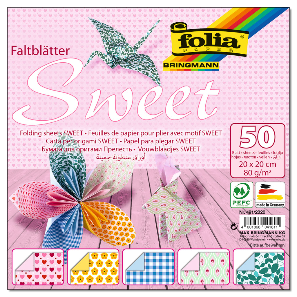 Folia® Faltblätter Sweet 80 g/m², 50 Blatt in 5 Farben