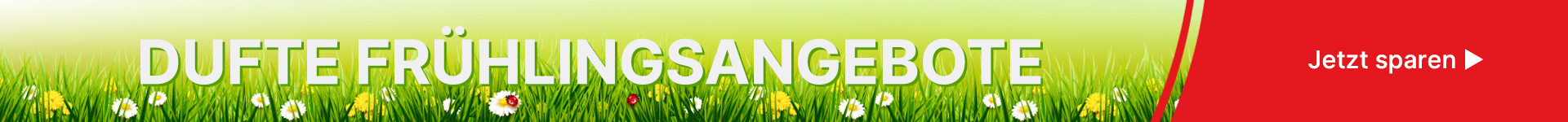 Banner mit Blumenwiese mit Aufschrift „Dufte Frühlingsangebote – jetzt sparen“