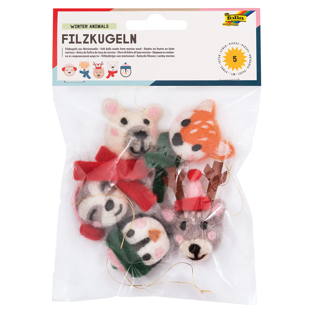 Filzkugeln Wintertiere, 5 Stück in 5 Motiven
