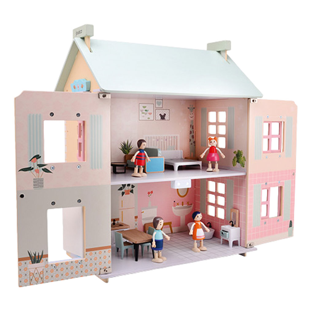 Jouéco® Puppenhaus mit Möbeln und 4 Puppen